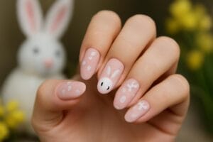 Króliczy nail art w stylu coquette na Wielkanoc